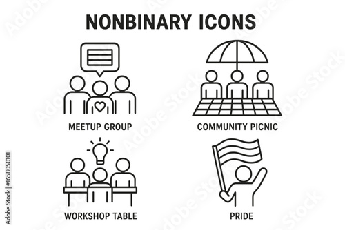 Nonbinary community vector icon set. Outline pictograms for LGBT concepts. Gender identity, meetup group, community picnic, workshop table, and pride parade flag for social inclusion.