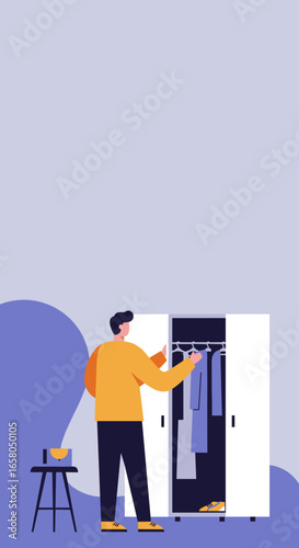 A man chooses daily attire from an open wardrobe, representing morning routine, organization, personal style, and decision-making for everyday life or business.