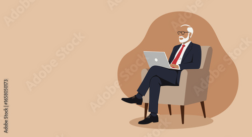 An experienced senior businessman works on a laptop from a comfortable armchair. Ideal for business, technology, or lifestyle concepts like remote work and financial planning.