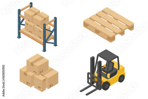 Warehouse isometric icon set. Logistics and storage vector illustration. Forklift truck, pallet rack, cardboard boxes. Cargo, freight, delivery, distribution concept.