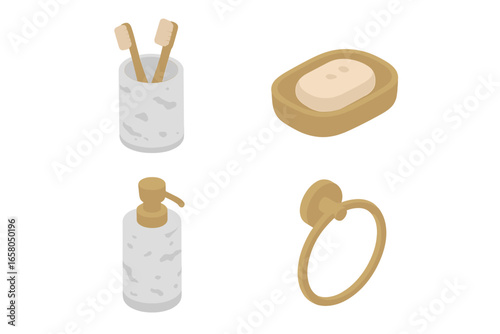 Isometric bathroom accessory icon set. Vector illustration of decorative marble toothbrush holder and soap dispenser. Brass gold towel ring and soap dish. Hygiene concept.