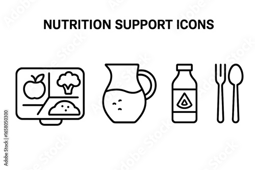 Nutrition support icon set for health and diet. Vector outline icons of a balanced meal tray, water jug, juice bottle, and cutlery. For healthy eating and food service concepts.
