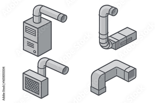 HVAC system isometric icon set. Basement furnace unit, air ducts, and piping. Vector illustration of supply and return air vents for heating, cooling, and climate control.