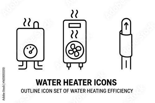 Water heater icon set. Vector line art symbols for plumbing and heating. Includes tankless heater, heat pump, and insulated pipe for energy efficiency concepts.