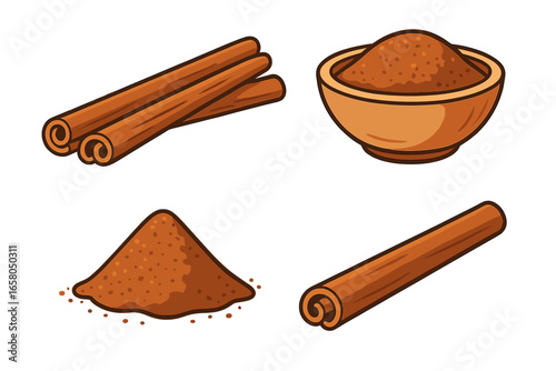 Cinnamon stick and powder cartoon vector icon set. Aromatic spice ingredient for cooking, baking and desserts. Brown ground cinnamon pile and bowl. Healthy organic food illustration.