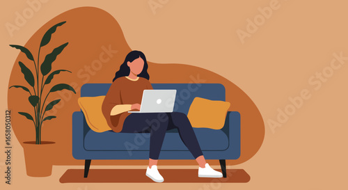 Woman working remotely on laptop at home. Relaxed modern lifestyle, digital nomad, online learning, or casual browsing concept.