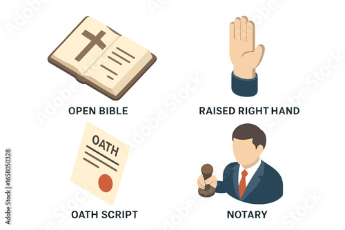 Legal oath ceremony vector icon set. Isometric illustrations of swearing-in, testimony, and pledge with Bible, raised hand, official script, and notary with stamp. Law concept.