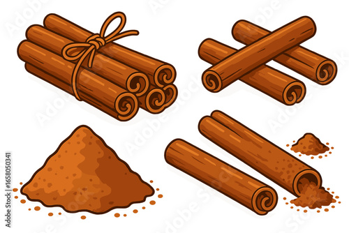 Cinnamon sticks and powder set. Vector illustration of a cooking spice. Aromatic ingredient for baking and food. Isolated cartoon bundle, pile and ground cassia collection.