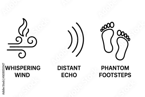 Abstract outline icon set with whispering wind, distant echo waves, and phantom footsteps. Sensory experience vector symbols for concepts of memory, loss, and mystery.