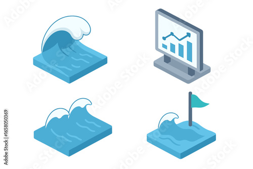 Isometric ocean wave icon set. Vector illustration of sea conditions for surf forecast. Tsunami, swell, and tide graph. Water storm data analytics chart for business report.