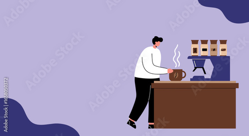Person preparing a hot coffee from a modern coffee machine on a counter. Ideal for concepts of morning routine, refreshment, office breaks, and daily lifestyle.