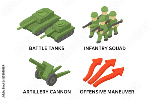 Isometric military icon set. Battle strategy concepts with tanks, infantry soldiers, artillery cannon, offensive maneuver arrows. Army and war tactics vector infographic elements.