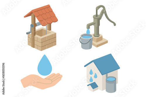 Water management icon set. Isometric vector graphics of rural water resources and security. Water well, hand pump, rainwater harvesting, and water conservation concepts.