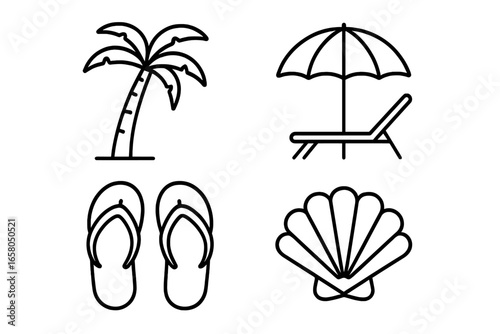 Summer beach vacation icon set. Outline travel symbols for web and app. Palm tree, sun umbrella, lounge chair, flip flops, seashell. Tropical holiday seaside resort concept vector.