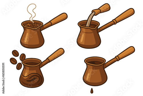 How to make Turkish coffee. Brewing process steps in a traditional copper cezve pot. Vector cartoon illustration set with beans, hot steam, pouring water. Coffee art design.