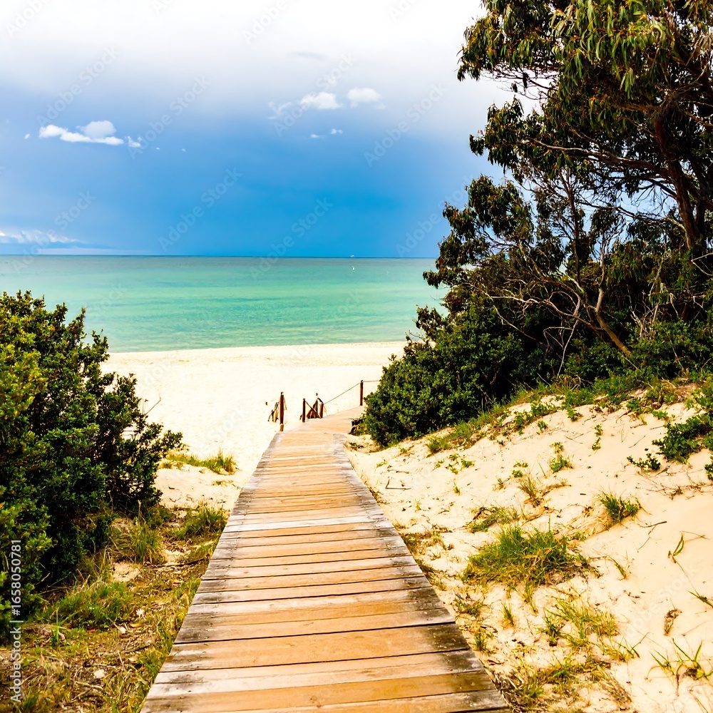 Fototapeta premium Wooden boardwalk leading to beach (1)