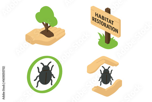 Beetle conservation isometric icon set. Habitat restoration and reforestation concept. Insect protection, hands care for bug and tree. Environmental nature preservation vector icons.