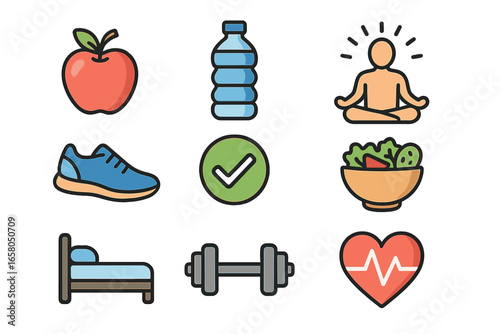Health and wellness icon set for healthy lifestyle choices. Vector collection includes food, sport, yoga, sleep, and fitness symbols. Healthy living concept for graphic design.