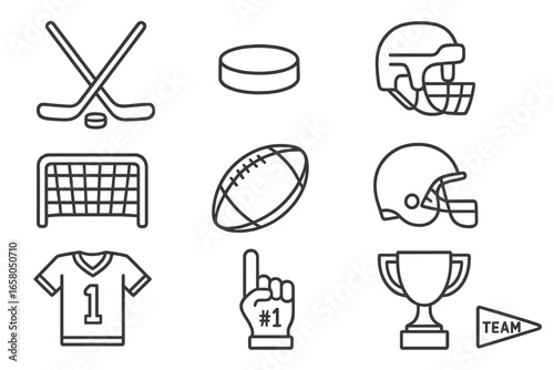 American football and ice hockey line icon collection. Minimalist vector graphic set with sports equipment symbols: helmet, puck, stick, goal, trophy, and number one fan foam finger.
