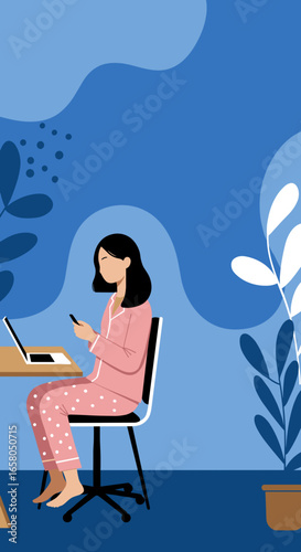 Woman in pajamas working from home, casually using her smartphone at a desk with a laptop. Represents remote work, comfort, and digital lifestyle.