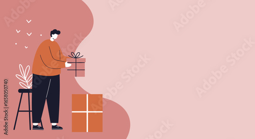 Illustration of a man holding a gift box, symbolizing holidays, special occasions, or online shopping and delivery. Ideal for e-commerce and celebratory themes.