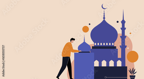 Illustrated man next to a mosque, embodying faith, spirituality, and cultural heritage. Ideal for themes of religion, community, or travel.