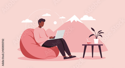 Man working on laptop from a comfortable bean bag chair, symbolizing remote work, freelance, and a relaxed, productive lifestyle. Ideal for technology, business, or travel concepts.