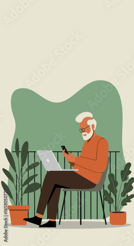 Elderly man works remotely on a laptop and smartphone from his balcony, surrounded by plants. Modern senior embracing technology for leisure or business.