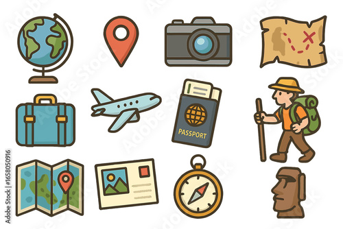 Travel and tourism icon set for adventure and exploration. Vector cartoon collection with passport, map, camera, globe, airplane, compass, luggage, and hiker for vacation design.