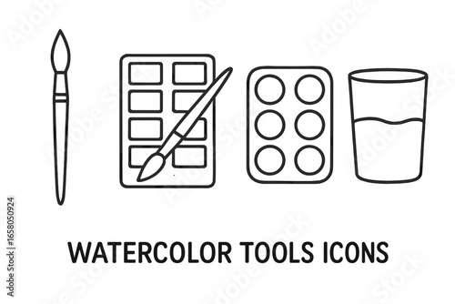 Watercolor tools icons. Outline set for painting. Vector illustration of art supplies. Paintbrush, watercolor palette, mixing tray, water glass. Art, craft, hobby design elements.