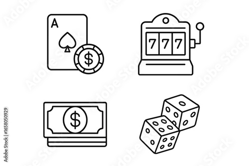 Gambling and casino line icon set. Vector symbols for betting and gaming. Slot machine jackpot 777, dice, poker ace card, chip and money cash. Outline illustration concept.