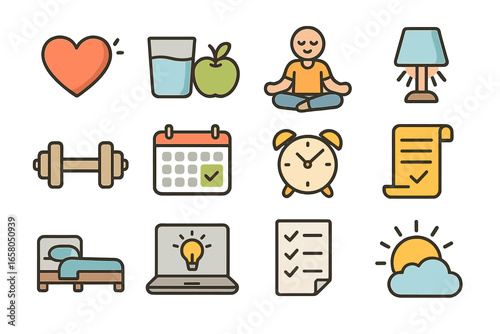 Healthy lifestyle icon set. Daily routine, wellness, and productivity symbols. Self-care, work-life balance, diet, fitness, sleep, yoga, and time management vector icons.