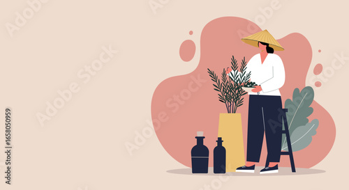 Woman in a conical hat harvesting natural ingredients from a plant, with bottles nearby. Represents organic products, traditional practices, and sustainable living.