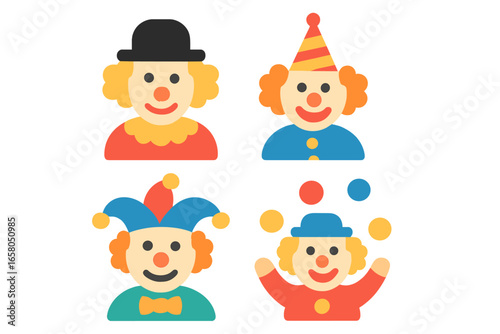 Clown flat icon set of 4. Circus performer, jester, and juggler characters. Vector graphic symbols for fun, party, carnival, festival, or kids event. Playful avatar collection.