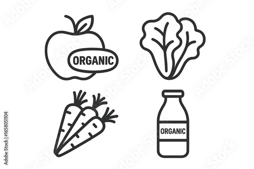 Organic food outline icon set with apple and organic label, lettuce head, carrot bunch, organic milk bottle. Healthy eating, vegetarian, farm fresh produce. Vector isolated illustration.