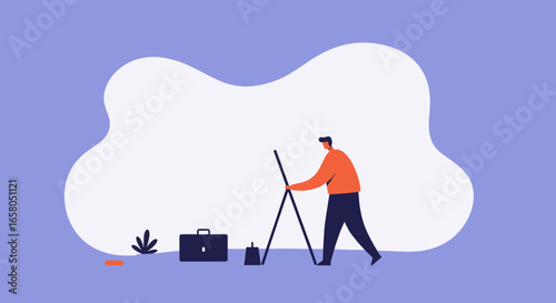 Man sweeping a clean, minimalist space with a briefcase and plant nearby. Represents tidiness, productivity, and a fresh start in business or home.