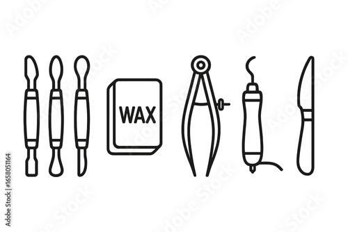 Wax carving and modeling tool icon set. Outline vector illustration of sculpting instruments, wax block, calipers, electric pen, and knife for jewelry or dental design craft.