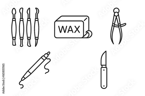 Wax carving line icon set for jewelry design and dental lab. Vector collection of sculpting tools, wax block, calipers, electric pen, and knife. Workshop craft symbols.