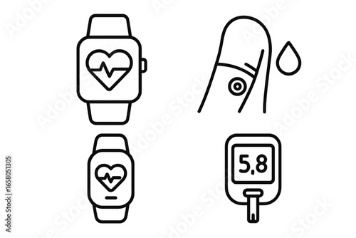 Wearable health tech icons. Smartwatch with heart rate monitor and ECG. Digital health biosensor. Glucose meter and blood sugar test for diabetes. Outline vector icon set.