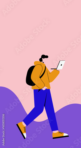 Modern student or freelancer on the go, walking casually while engaging with a tablet or laptop, showcasing mobile learning or remote work.