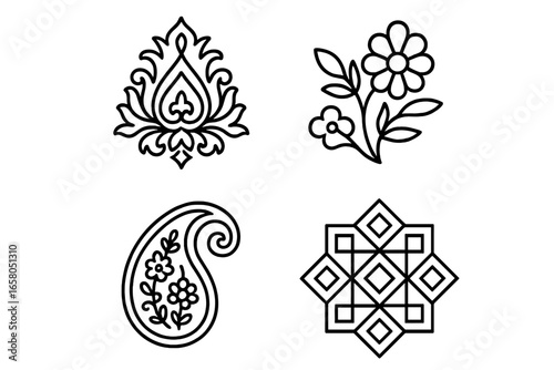Ornate textile pattern icons set. Outline damask motif, floral embroidery blossom, paisley decoration, geometric ornament. Traditional decorative ethnic style for fabric, craft, and print design.