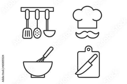 Cooking kitchen line icons set. Food preparation symbols. Culinary utensils and tools vector illustration. Chef hat, whisk, bowl, knife, cutting board, spatula, ladle, skimmer.