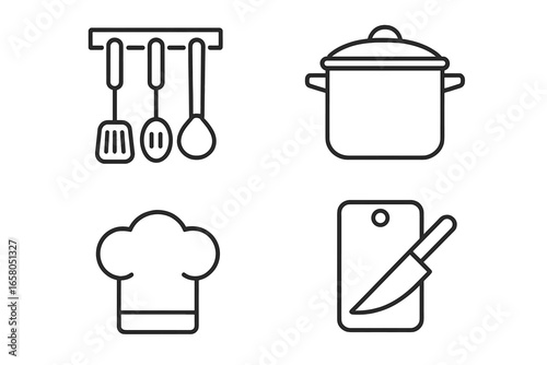 Cooking and kitchen outline icons set. Vector collection of culinary symbols. Chef hat, pot, pan, kitchenware tools, utensils, spatula, knife and cutting board elements.