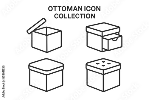 Ottoman Storage Box Icons Collection. Modern Outline Vector Set of Multifunctional Ottoman Furniture with Lift Lid, Slide-Out Drawer, Padded Top, and Tufted Seat for Home Organization.