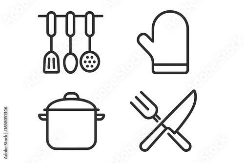 Cooking line icons. Kitchen utensils and cookware outline vector set. Culinary symbols for food preparation, restaurant menu, recipe website. Pot, oven mitt, fork, knife.
