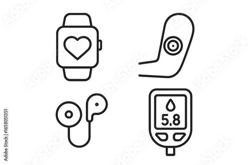 Wearable health tech icons. Outline icon set of digital health, smartwatch with heart rate, continuous glucose monitor sensor, hearables and glucometer for diabetes care.