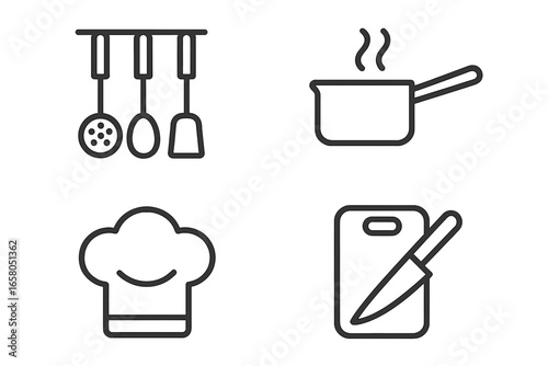 Kitchen and cooking outline icons set. Vector collection of culinary symbols. Includes chef hat, pot, knife on a cutting board and utensils for food preparation.