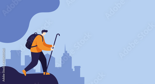 Adventurous traveler with backpack and walking stick hikes towards a city skyline, ideal for concepts of escape, exploration, and urban-nature balance.
