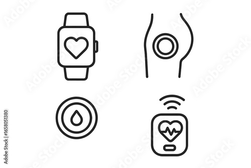 Wearable health technology vector icon set. Outline icons of biosensor, smartwatch, glucose monitor, heart rate tracker, remote patient monitoring, digital health, telemedicine.