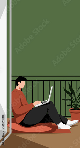 A person comfortably working on a laptop from their home balcony, embodying modern remote work, online education, or leisure. Ideal for lifestyle and business concepts.
